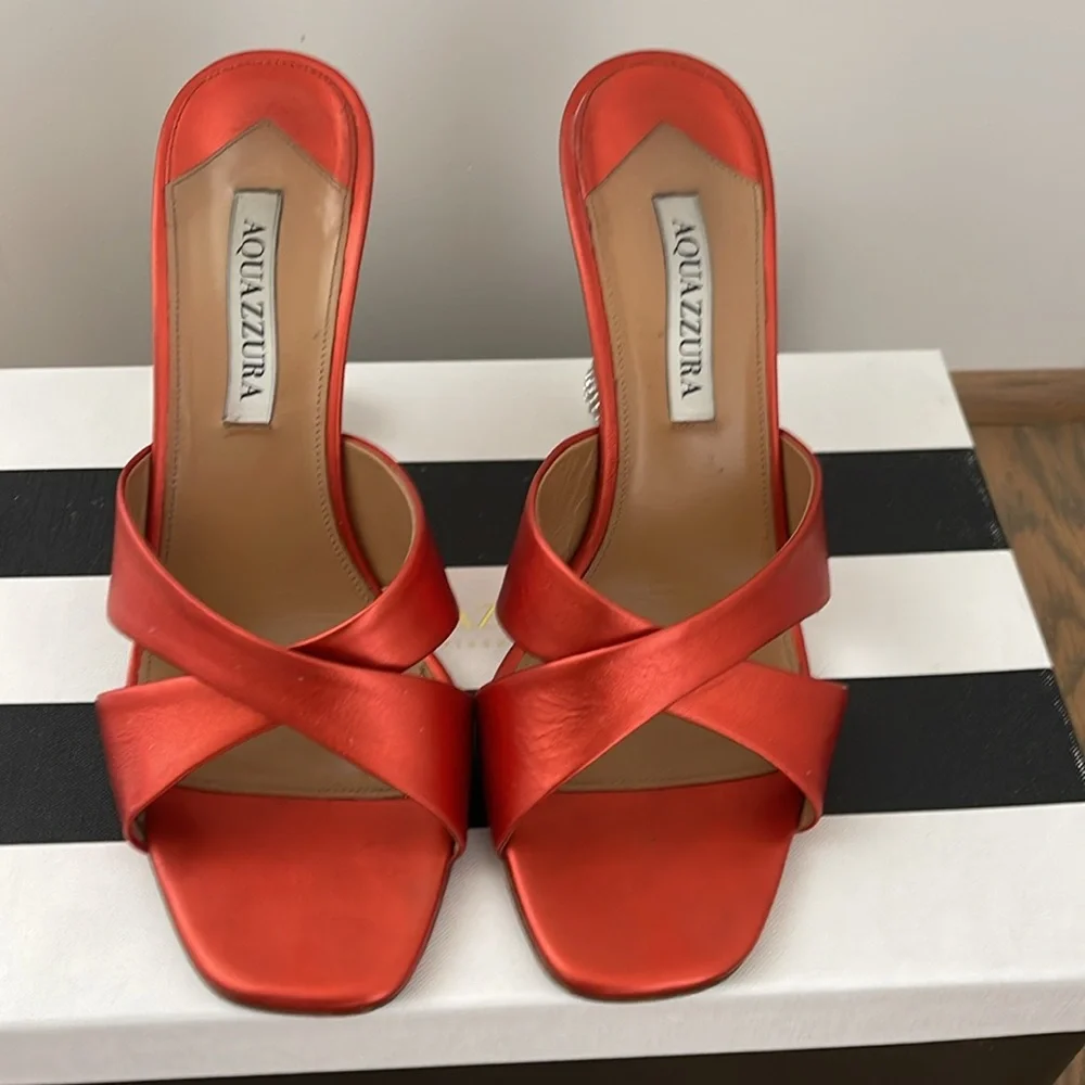 Aquazzura Red-Orange Satin Crystal Ball Heel Slide Sandals size 9.5 - Picture 3 of 7